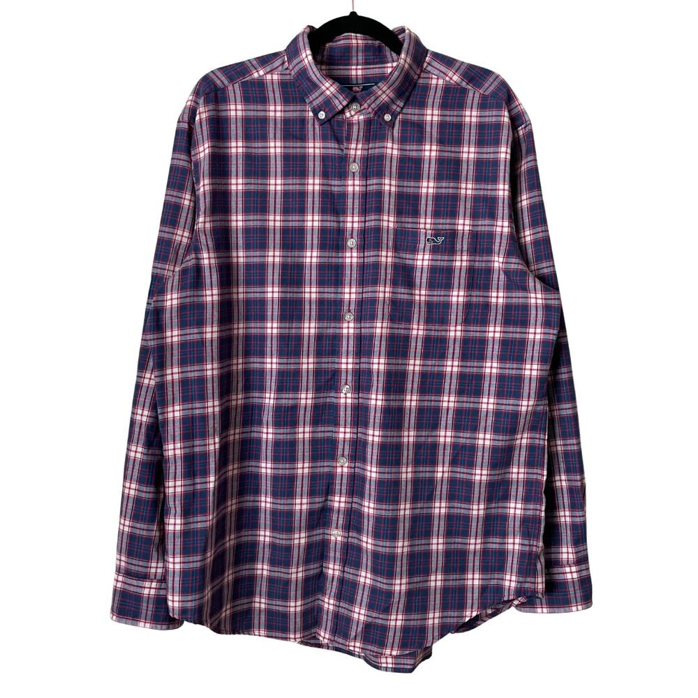 Vineyard Vines Shirt Mens Large Red Blue Classic Fit Tucker Plaid Performance
